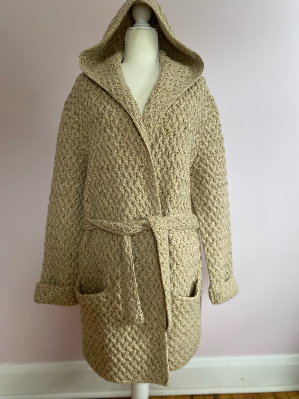 Wool/Alpaca Vintage Lauren Ralph Lauren Hooded Belted Knit Trench Coat in Beige